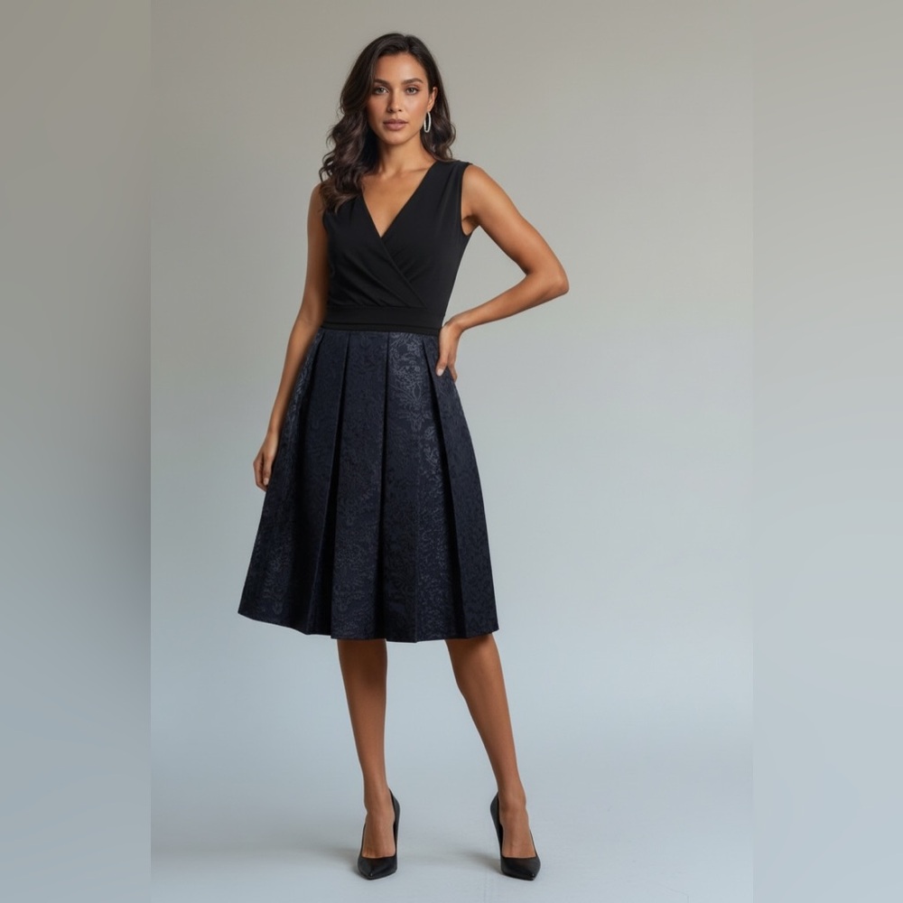 White House Black Market Party Dress W/Pleated Patterned Skirt -Size10